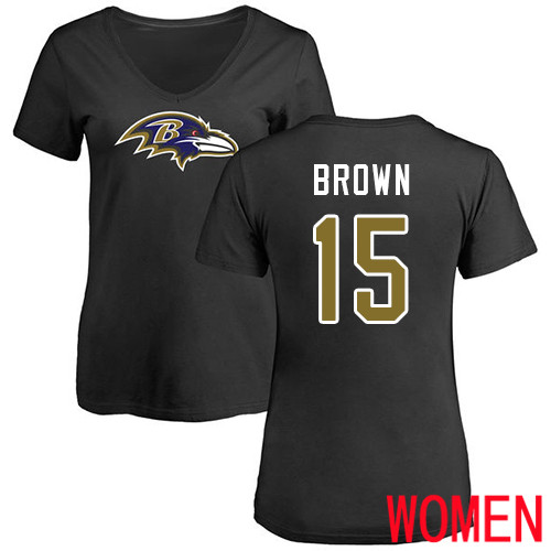 Baltimore Ravens Black Women Marquise Brown Name and Number Logo NFL Football #15 T Shirt